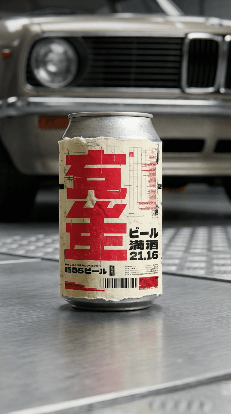 Beer can with bold red Japanese typography photographed in front of a classic car.