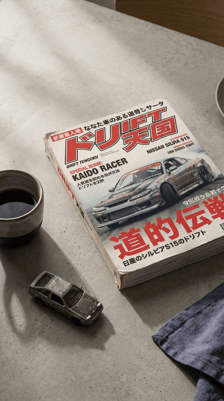 Japanese drift magazine on a table beside coffee and a toy car.