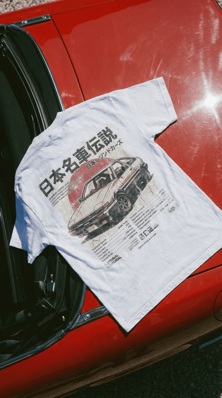 Vintage Japanese car graphic printed on a white T-shirt laid across a red car.